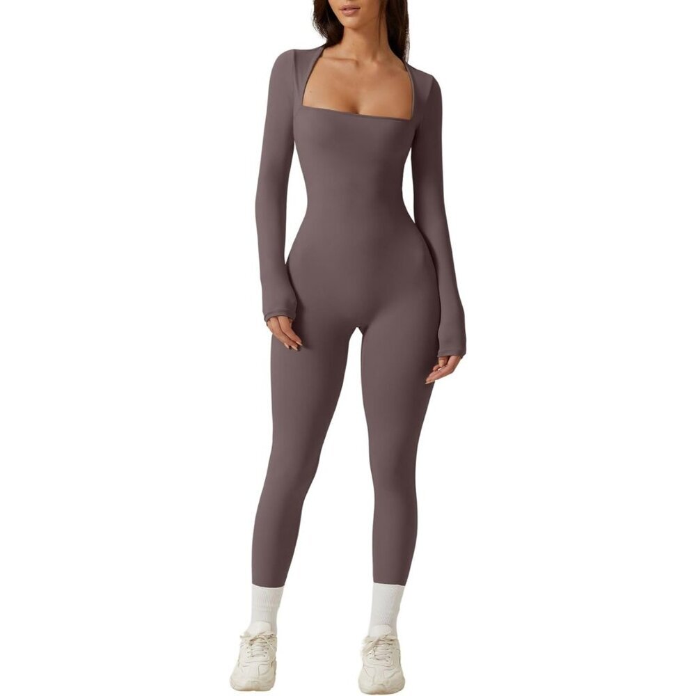 Women Dark Grey Sexy Square Neck Long Sleeve Full Length Legging Bodycon Jumpsui